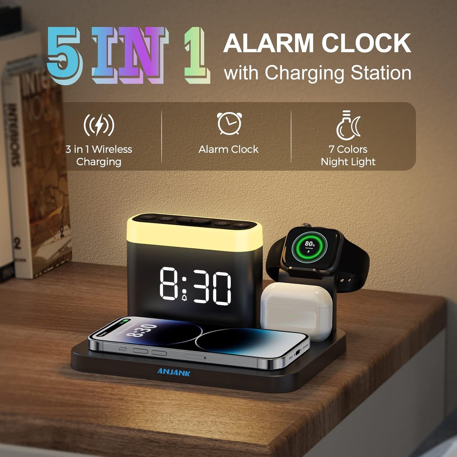 Caricatore 5 in 1 Con Ricarica Wireless,Caricabatterie per Iphone 14/13/12/11/Pro/Max/Plus/Xs Samsung Phone,Apple Watch 8/7/6/5/Se,Airpods Pro/3/2/1