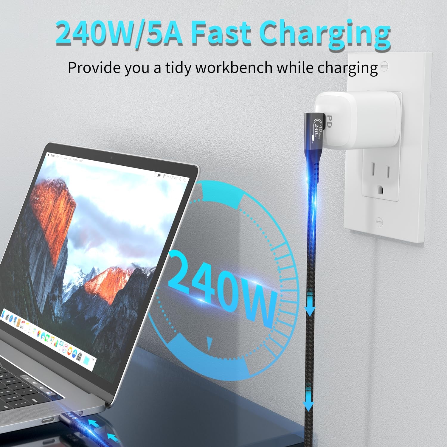 Cavo USB4, Con Cavo Thunderbolt 4, Cavo Di Ricarica Da 240 W, Cavo Dati Da 40 Gbps, HDR 8K @ 60Hz, Cavo USB C a USB C, 90 Gradi per Hub, Dock Macbook, M2, M3, Mac SSD (90 Gradi USB4 40G 240 W 0,5 M)