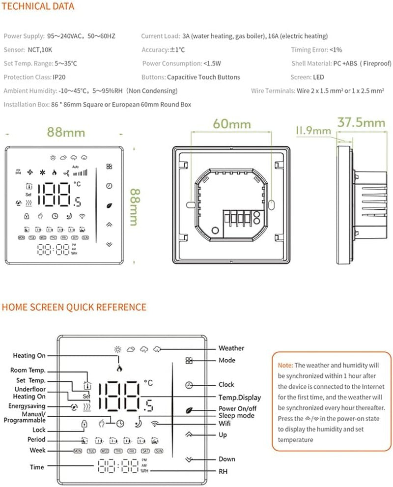 Termostato Intelligente Wifi, Programmabile Settimanalmente, Supporta Touch Control/Mobile App/Controllo Vocale, Compatibile Con Alexa/Google Home, per Caldaia a Gas 3A, Bianco