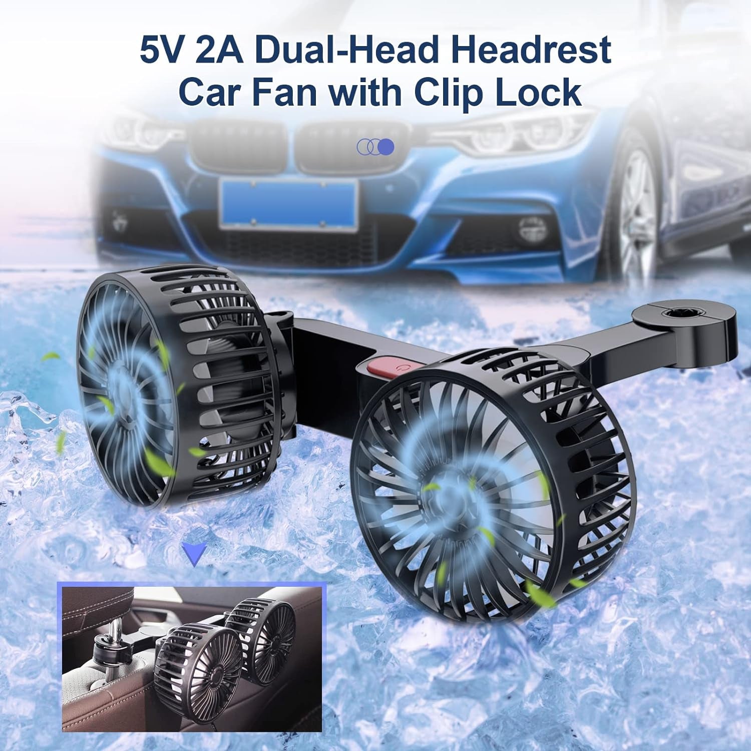 5V 2A Ventilatore Auto a Doppia Testa per Poggiatesta, Ventilatori USB Ventilatore Portatile Ventilatore Silenzioso Raffrescatore D'Aria Con 3 Velocità, 360° Ventilatore Da Tavolo Silenzioso