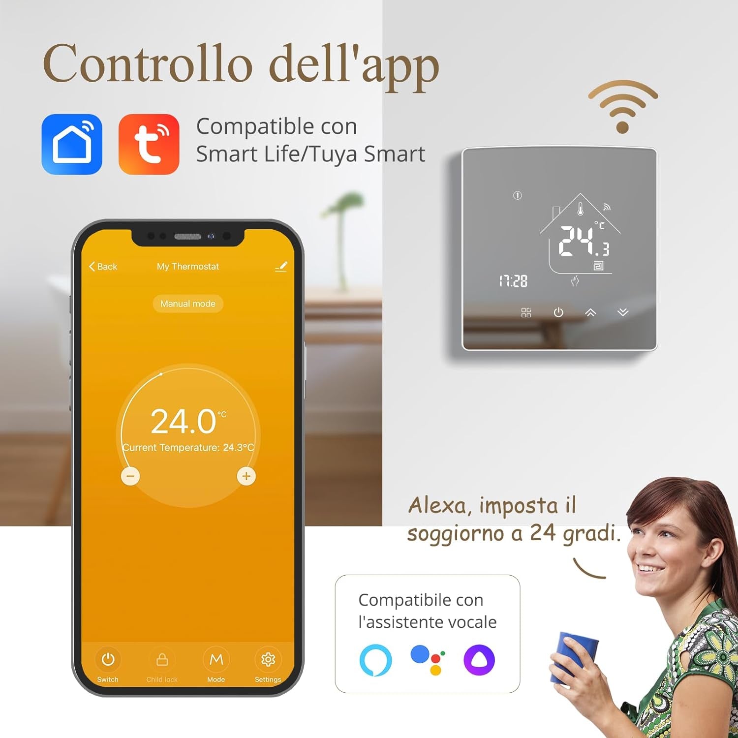 Termostato Wifi Caldaia a Gas, Tuya Termostato Ambiente Parete Smart Programmabile Settimanalmente per Riscaldamento Caldaia a Gas/Acqua Compatibile Con Alexa 3A TGR85WIFI-WPB