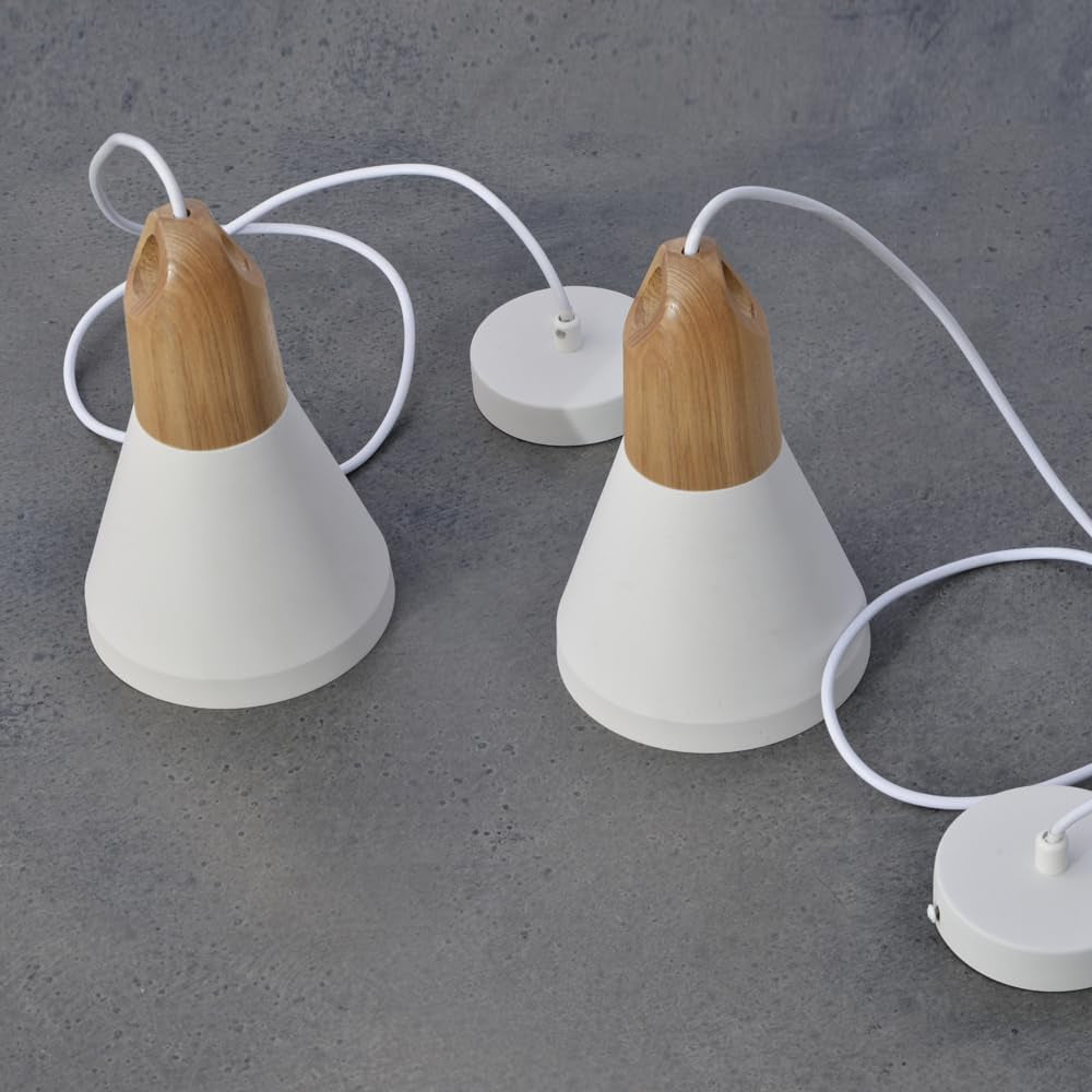 Lampada a Sospensione Bianco Vintage,2 Fiamme Nordiche Altezza Regolabile, Sospensione Moderna in Legno Paralume in Metallo, E27 Lampada Sospensione per Cucina,Sala Da Pranzo, Camera Da Letto