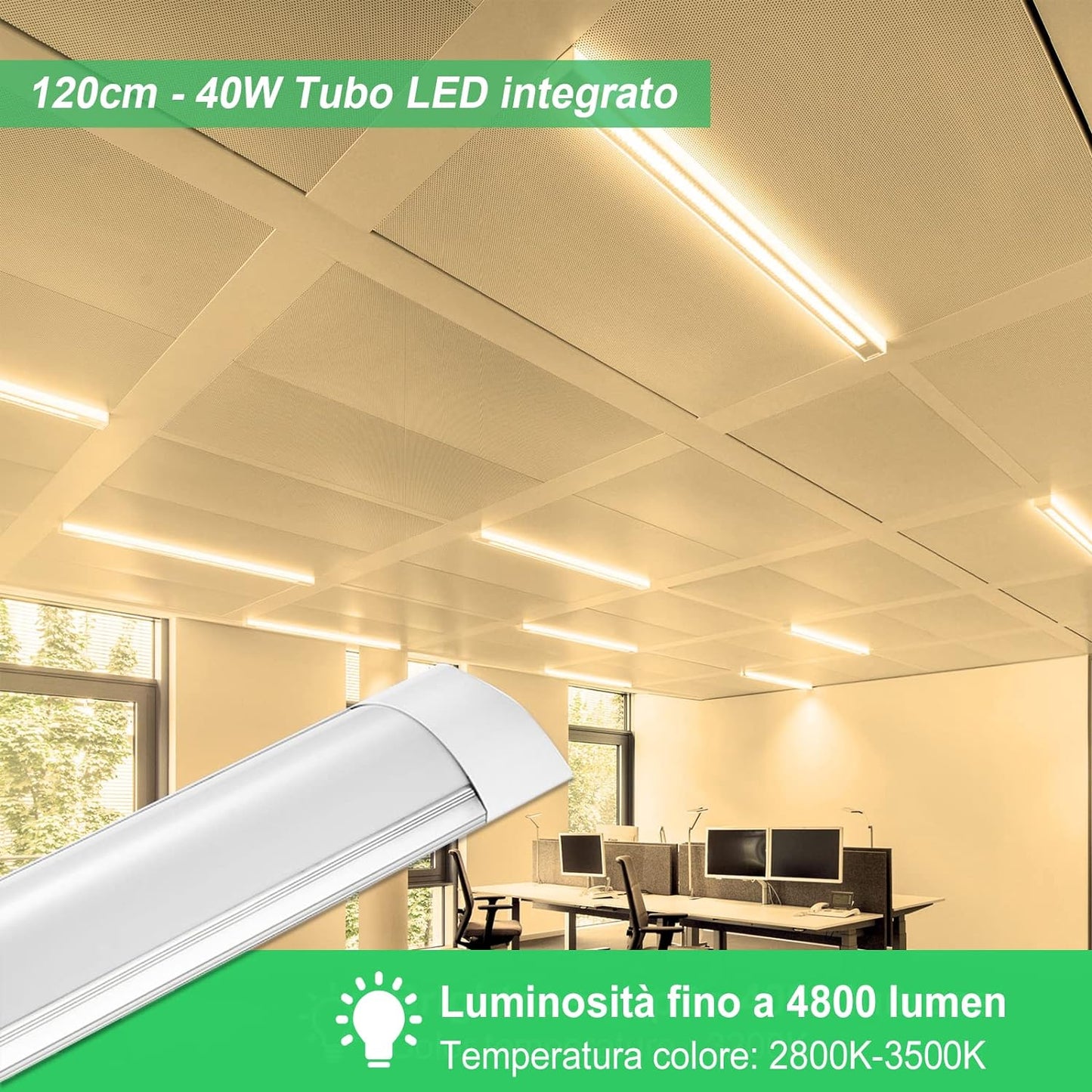 Plafoniera Da Officina, 115Cm 40W LED Luminaire 4800LM Lampada Da Soffitto, 3000K Bianco Caldo Lineare Tubo Neon LED Sottopensile Luce per Garage Ufficio Cucina Barra Magazzino,2Pack