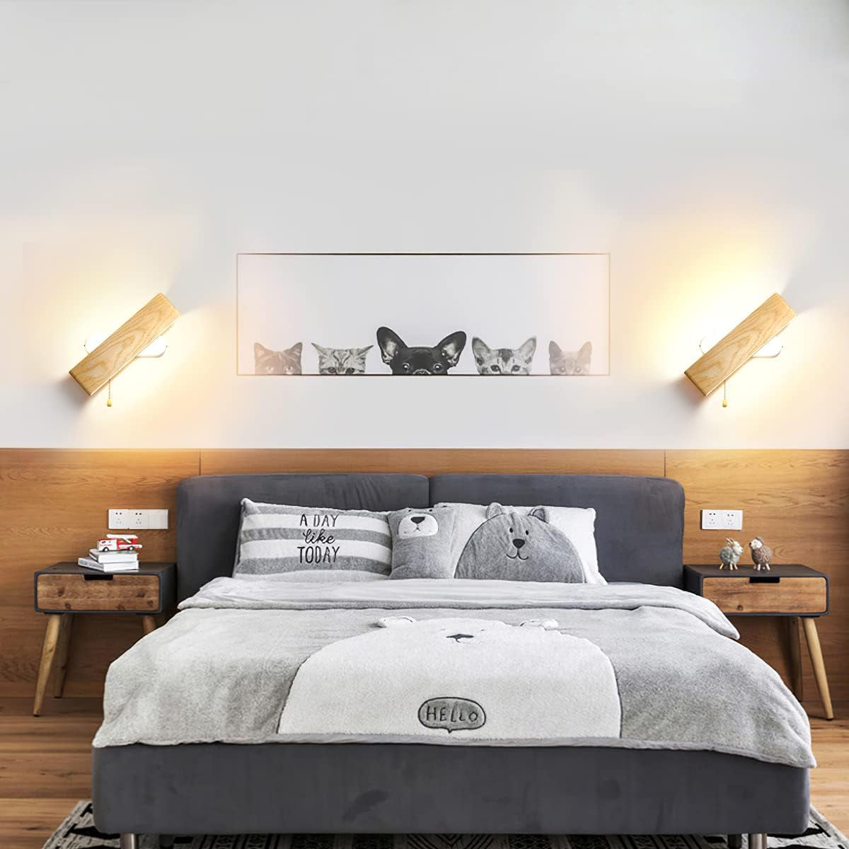 Applique Da Parete LED, Lampada Da Parete Interno Con Interruttore in Legno 360° Girevole LED Applique per Soggiorno Camera Da Letto Corridoio Bianca Calda Lampada a Muro (32Cm)
