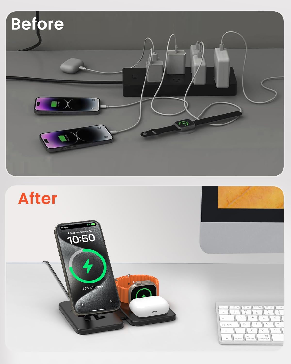 Caricatore Con Magsafe, 3 in 1 Stazione Di Ricarica per Apple Watch E Iphone 15/14/13/12/Pro Max, Caricatore Wireless per Iwatch 2-Ultra 2, Base Caricabatterie Wireless per Airpods 2-Pro-Nero