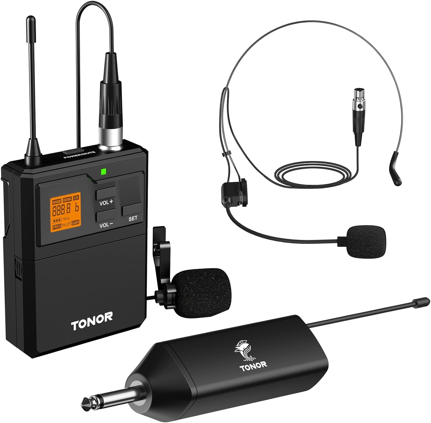 Microfono Wireless UHF Con Microfono Archetto/Lavalier Microphone Lapel Mic E Trasmettitore Bodypack E Mini Ricevitore Ricaricabile 1/4" Uscita, Distanza 60M Segnale Stabile per Prestazioni Live