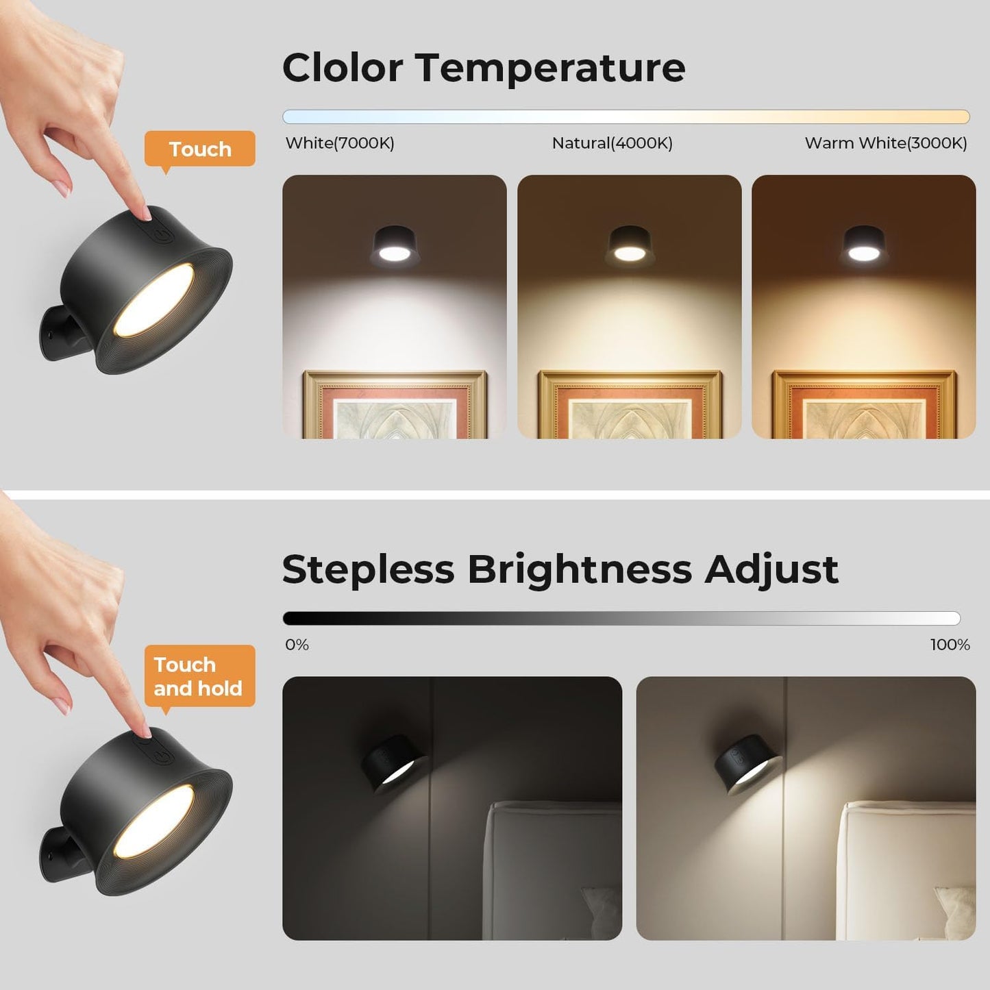 Luce Da Parete LED Interna,Lampada Da Parete Con Batteria Ricaricabile,Telecomando Con Controllo Tattile,Rotazione a 360°, Lampade Da Parete Wireless per Soggiorno Camera Da Letto, Nero 1 Pezzo