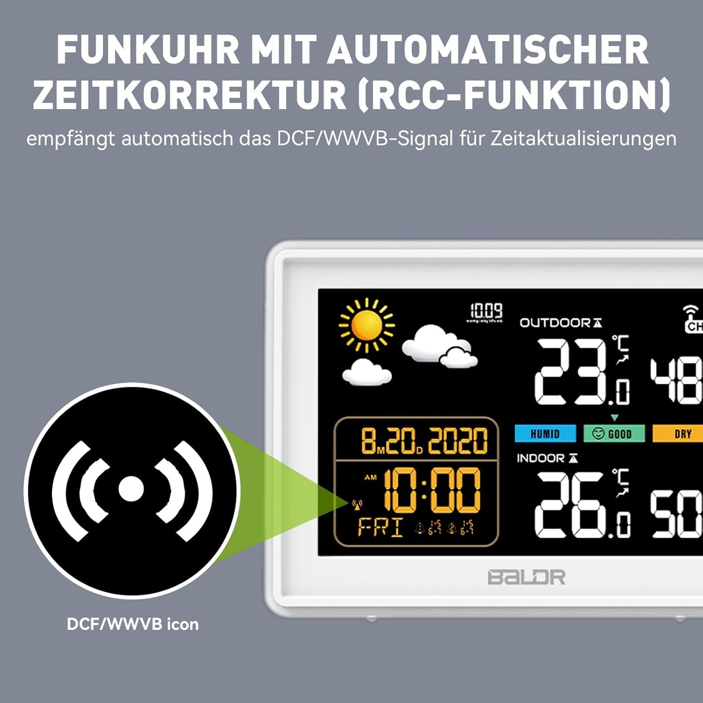 Stazione Meteo Radio Con Sensore Esterno, Orologio Radio DCF, Display a Colori Con Grandi Numeri Di Temperatura Interna Ed Esterna, Illuminazione Permanente, Previsioni Meteo, Visualizzazione