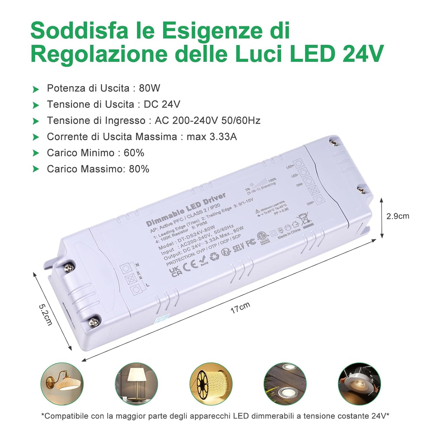 Trasformatore LED 24V 80W Dimmerabile, Triac & 0-10V&1-10V & PWM & Resistenza Da 100K, Alimentatore 24V 3.33A Di Tensione Costante, Driver LED AC 220V to DC Trasformatori Di Bassa Tensione