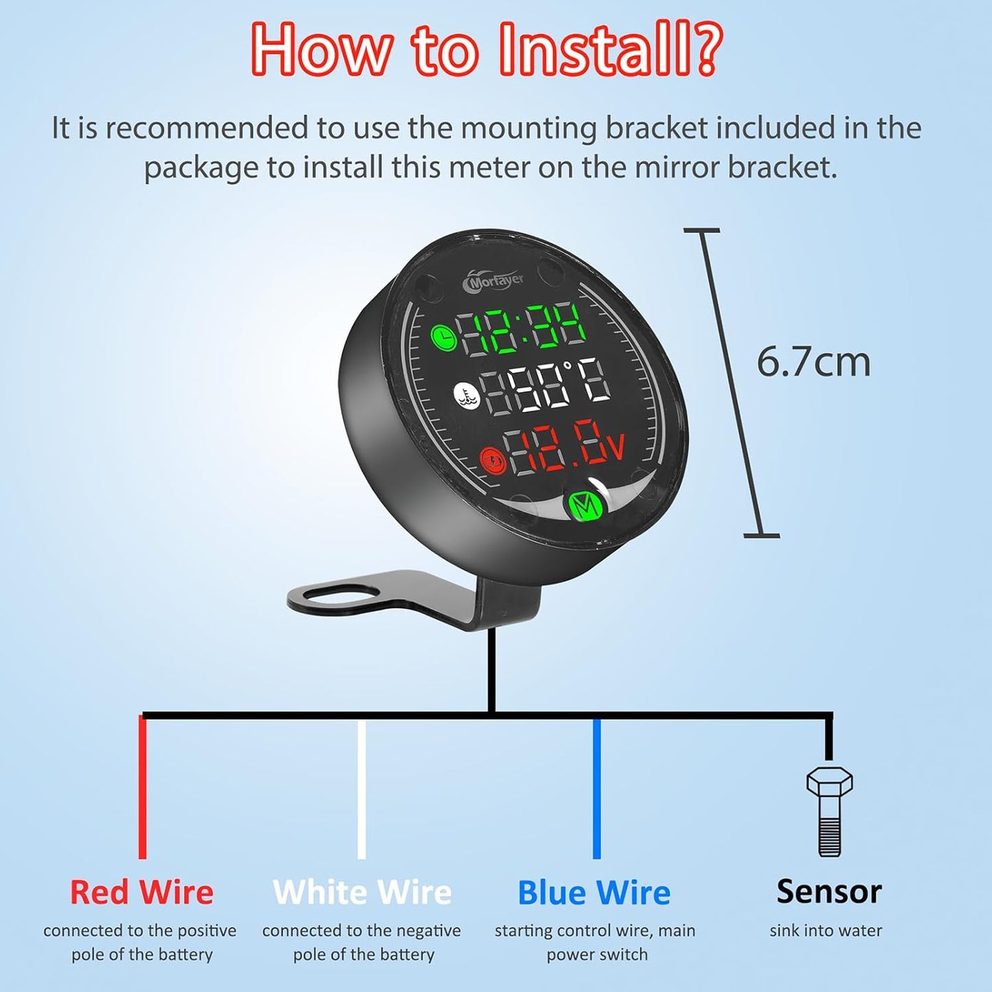 Contatore Moto LED 5 in 1, Termometro Digitale per Moto + Voltmetro ATV + Orologio Elettronico + Cronografo + Caricatore USB, Termometro Acqua Multifunzione Con Sensore per Moto