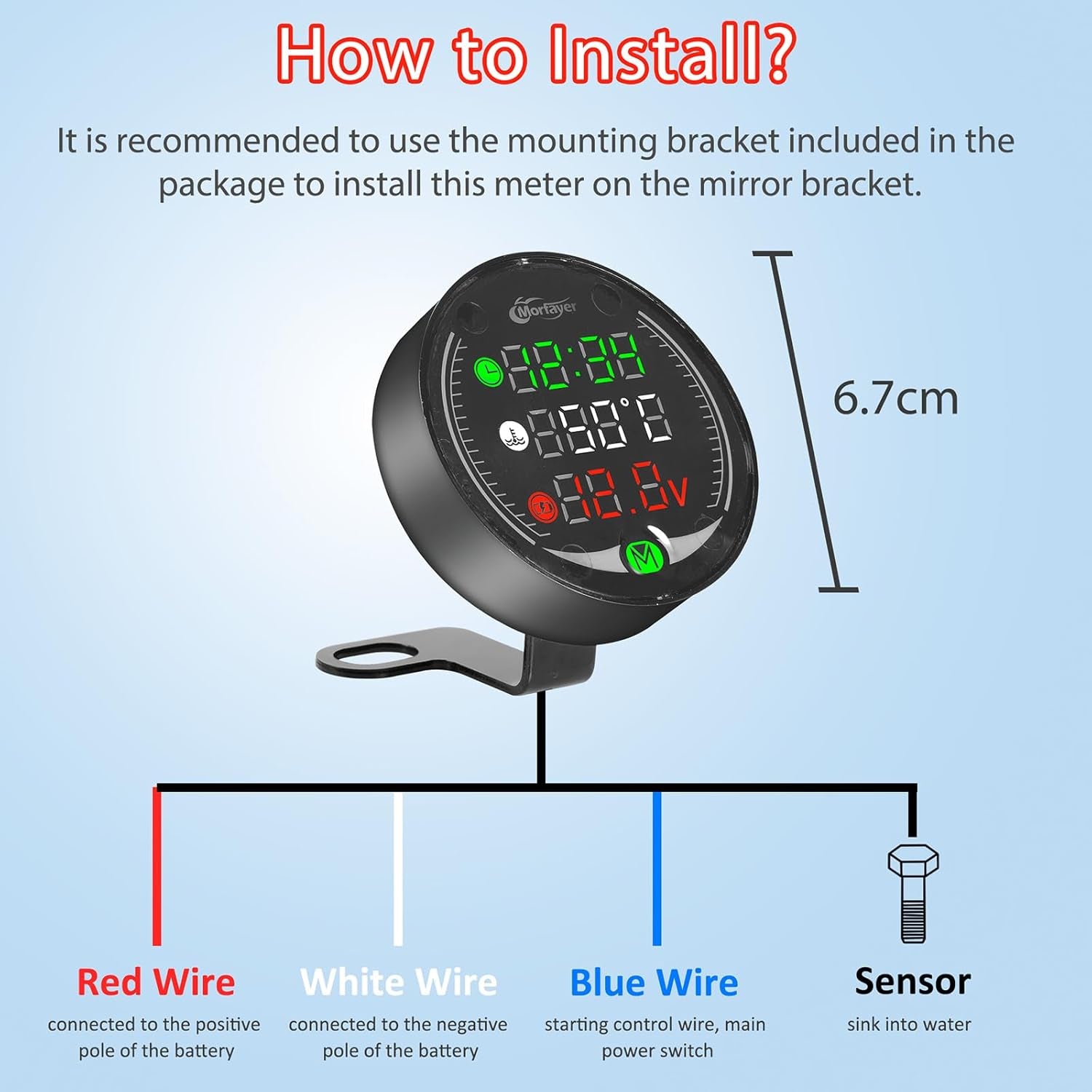 Contatore Moto LED 5 in 1, Termometro Digitale per Moto + Voltmetro ATV + Orologio Elettronico + Cronografo + Caricatore USB, Termometro Acqua Multifunzione Con Sensore per Moto