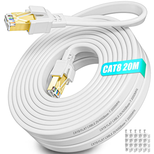 Cavo Ethernet 20 Metri Cat 8 Cavo Di Rete Ad Alta Velocità Cavo LAN 20 Metri Piatto 20M RJ45 Cavo Internet Gigabit Schermato 40Gbps 2000Mhz Bianco Cavo Ethernet Esterni Interno - per Router Modem
