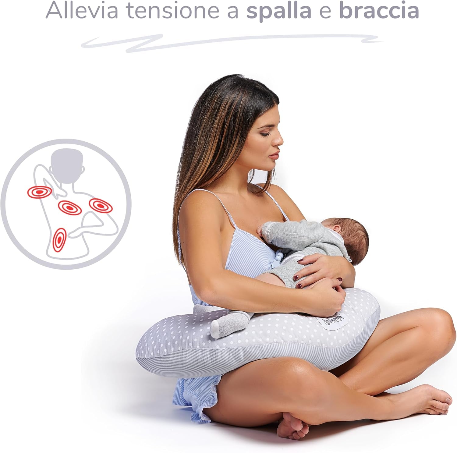 Cuscino Allattamento Neonato 2 Federe Con Laccetti 100% Cotone Lavabile E Sfoderabile Fascia Ergonomica Imbottitura in Fiber Balls Regolabile Made in Italy