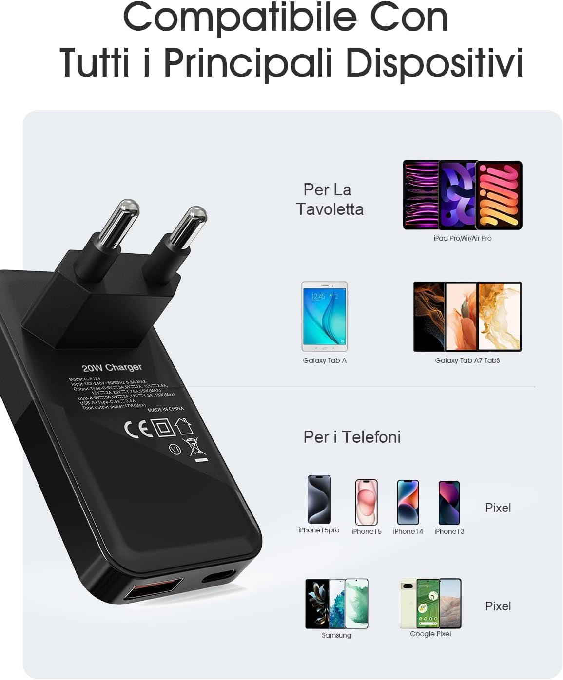 Caricatore USB C, 20W Rapido Caricatore USB Multiplo Piatto, Spina USB C per Iphone 15/15 Pro/15 Pro Max 14 13 12 11 SE E Sumsung Galaxy S24 S23 S22, Huawei, Xiaomi, Ipad