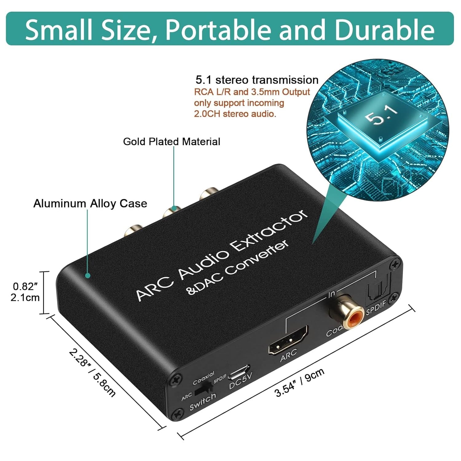 Arc Hdmi Extractor 2.0/5.1 Cec + 192Khz DAC Convertitore, Digitale Spdif Ottico Toslink Coassiale a Coax Spdif E Analogico RCA 3.5Mm Jack, Adattatore Audio per TV Phono Ampli Cuffie