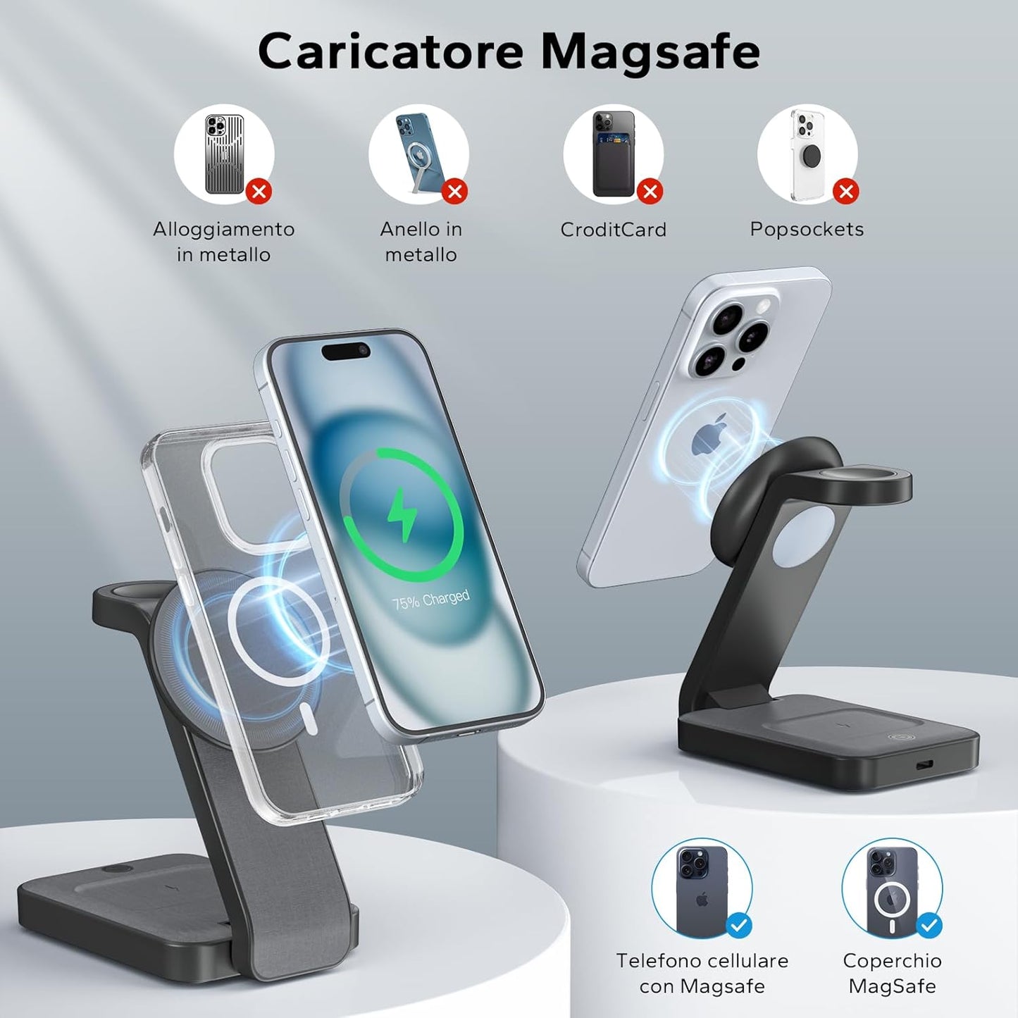 Stazione Di Ricarica Magnetica 3 in 1, Caricabatterie Wireless Pieghevole Stazione Di Ricarica Wireless Compatibile Con Iphone Watch Air-Pods