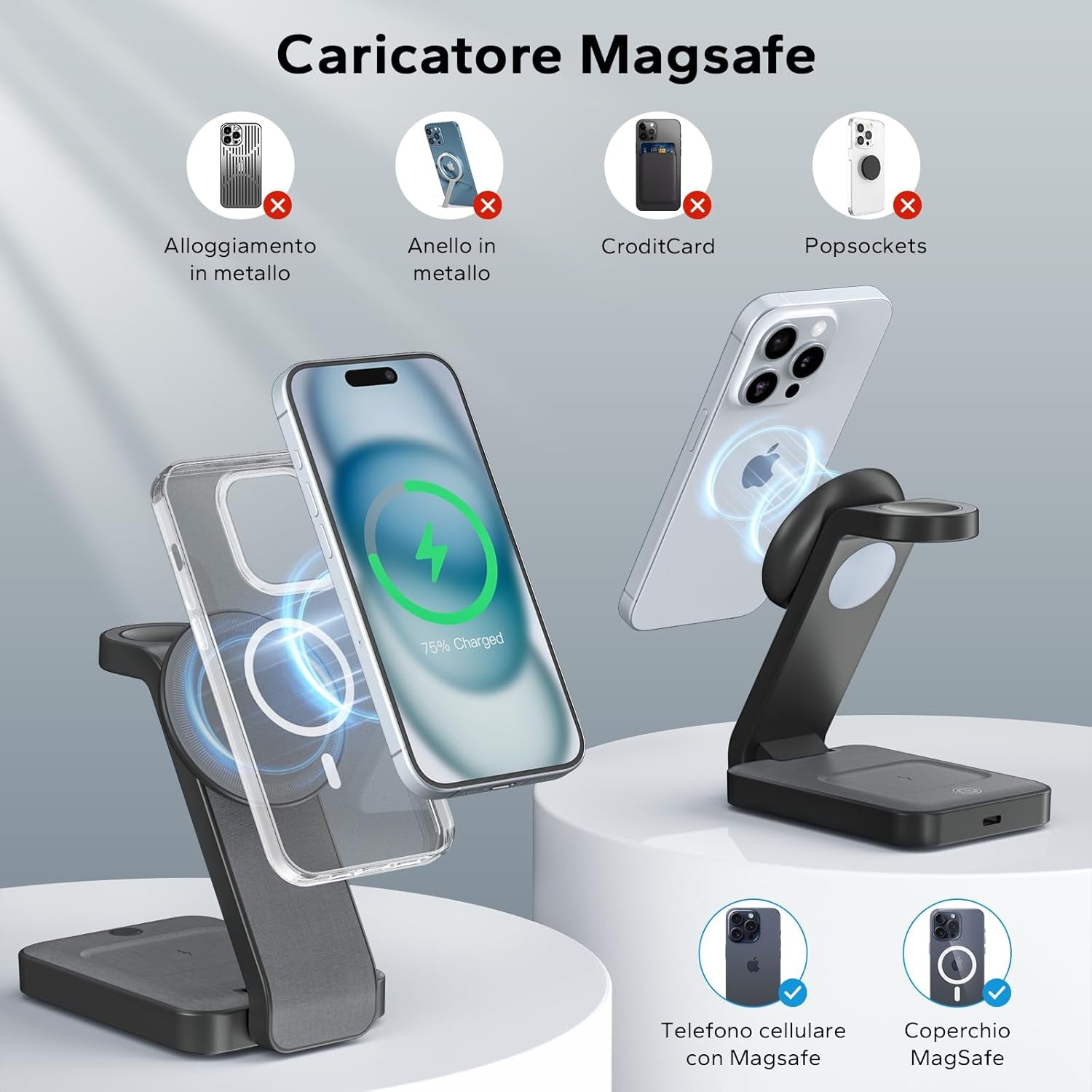 Stazione Di Ricarica Magnetica 3 in 1, Caricabatterie Wireless Pieghevole Stazione Di Ricarica Wireless Compatibile Con Iphone Watch Air-Pods