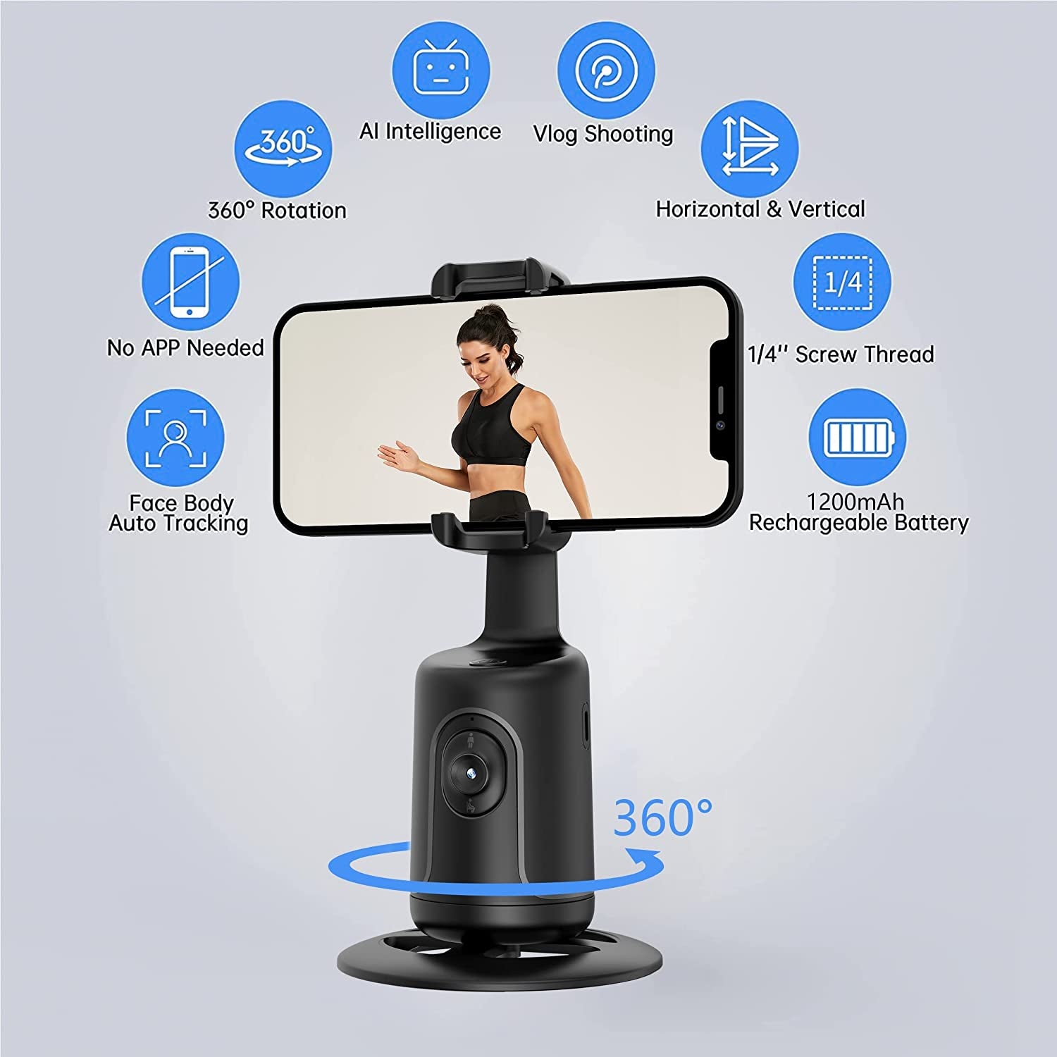 Treppiede per Tracciamento Facciale Automatico, Rotazione a 360°, Supporto per Fotocamera per Telefono, Supporto per Scatto Intelligente, Con Bastone per Selfie, Senza App, Controllo Gestuale, Per