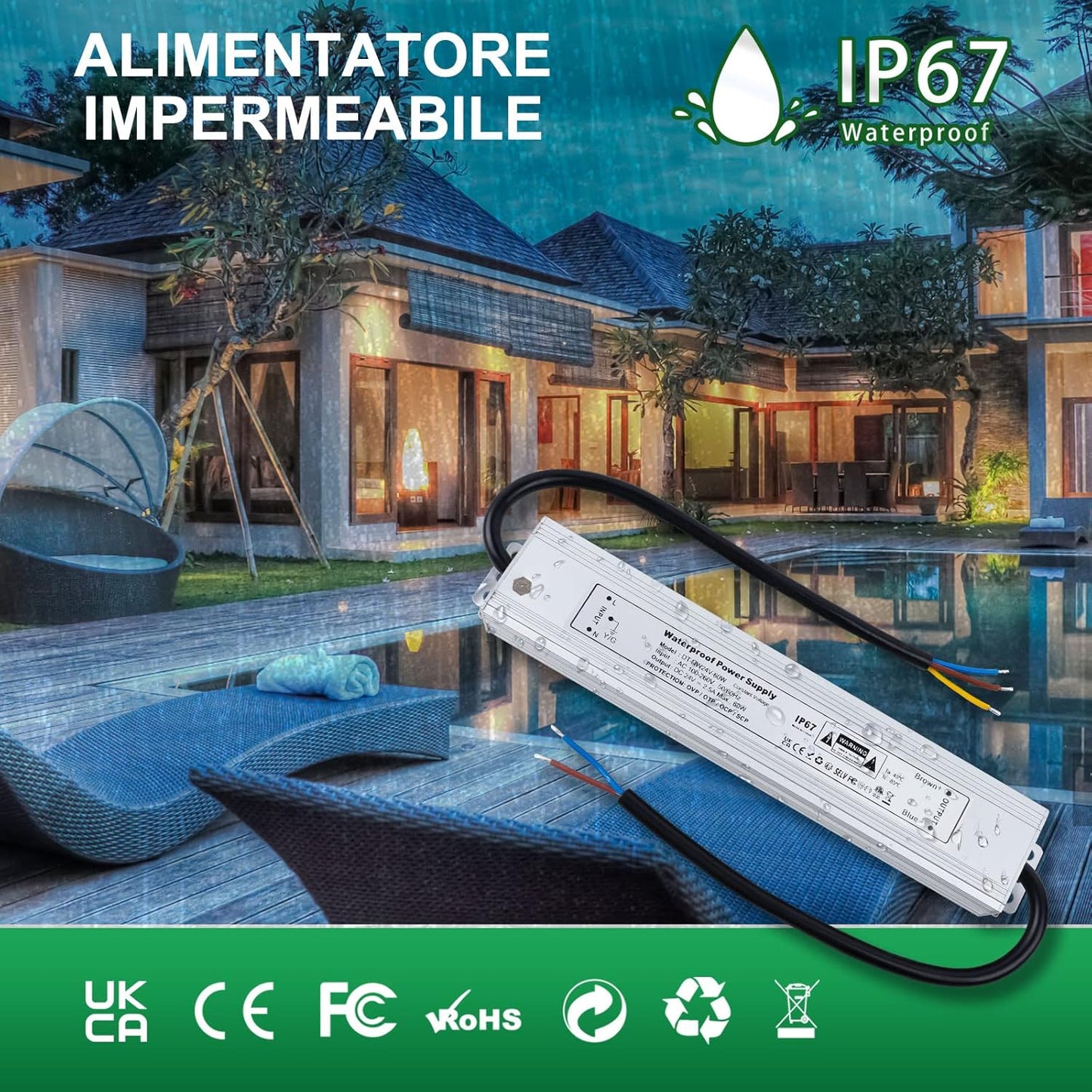 Trasformatore LED 24V 60W Alimentatore 2.5A Impermeabile IP67 Driver LED AC 100-260V a DC 24V Trasformatori Da Esterno Adattatore LED a Tensione Costante LED Power Supply Bassa Tensione