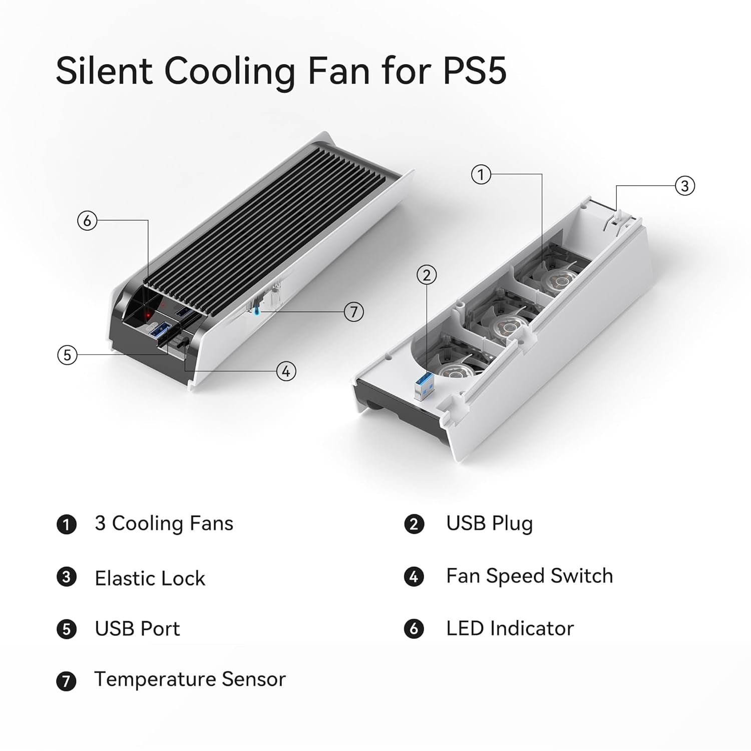 Accessori Di Raffreddamento per PS5, Ventola Di Raffreddamento  PS5 Con LED, Controllo Automatico Della Velocità E Hub USB 3.0 per Dischi PS5 Ed Edizione Digitale, Non per PS5 Slim (Bianco)