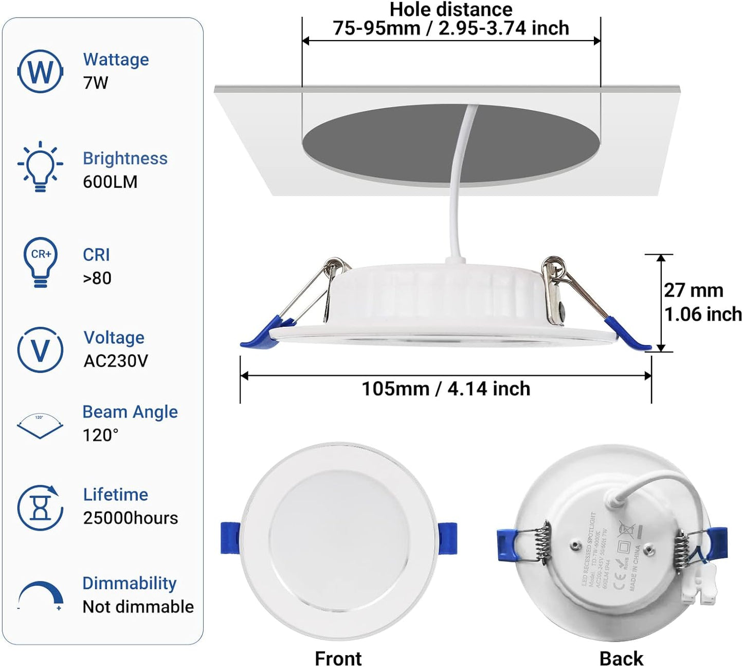 Set Di 6 Faretti LED Da Incasso Faretto Incorporato Luce a Led, Bianco Caldo 3000K, 7W Equivalente 70W, 230V, 600Lm, Profondità 27Mm, Diametro Del Foro Ø75Mm [Classe Di Efficienza Energetica F]