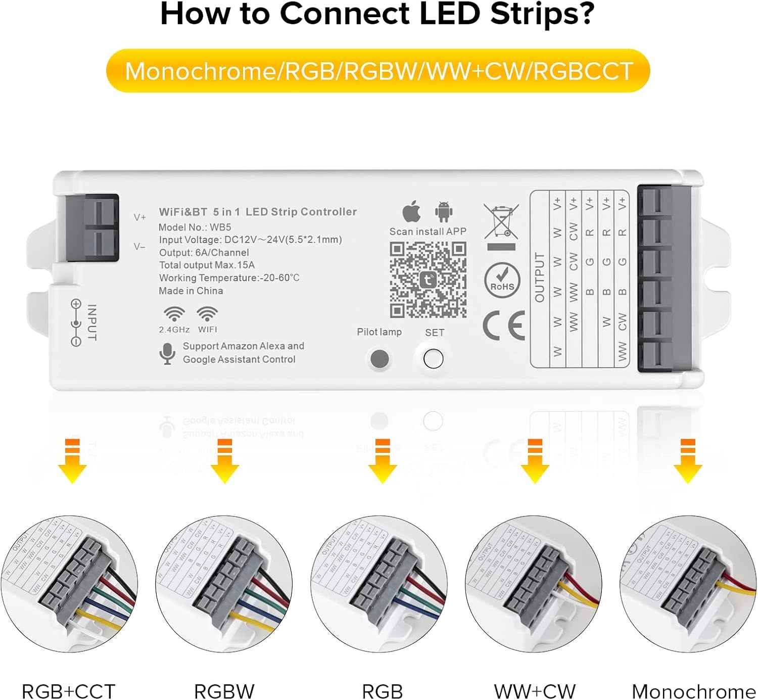 WB5 Controller LED Wifi Bluetooth 5 in 1 Sincronizzazione Automatica, Compatibile Con Alexa/Google Home/Tuya Smart Life APP Controllo per Strisce LED Monocromatiche RGB RGBCCT RGBW DC12-24V