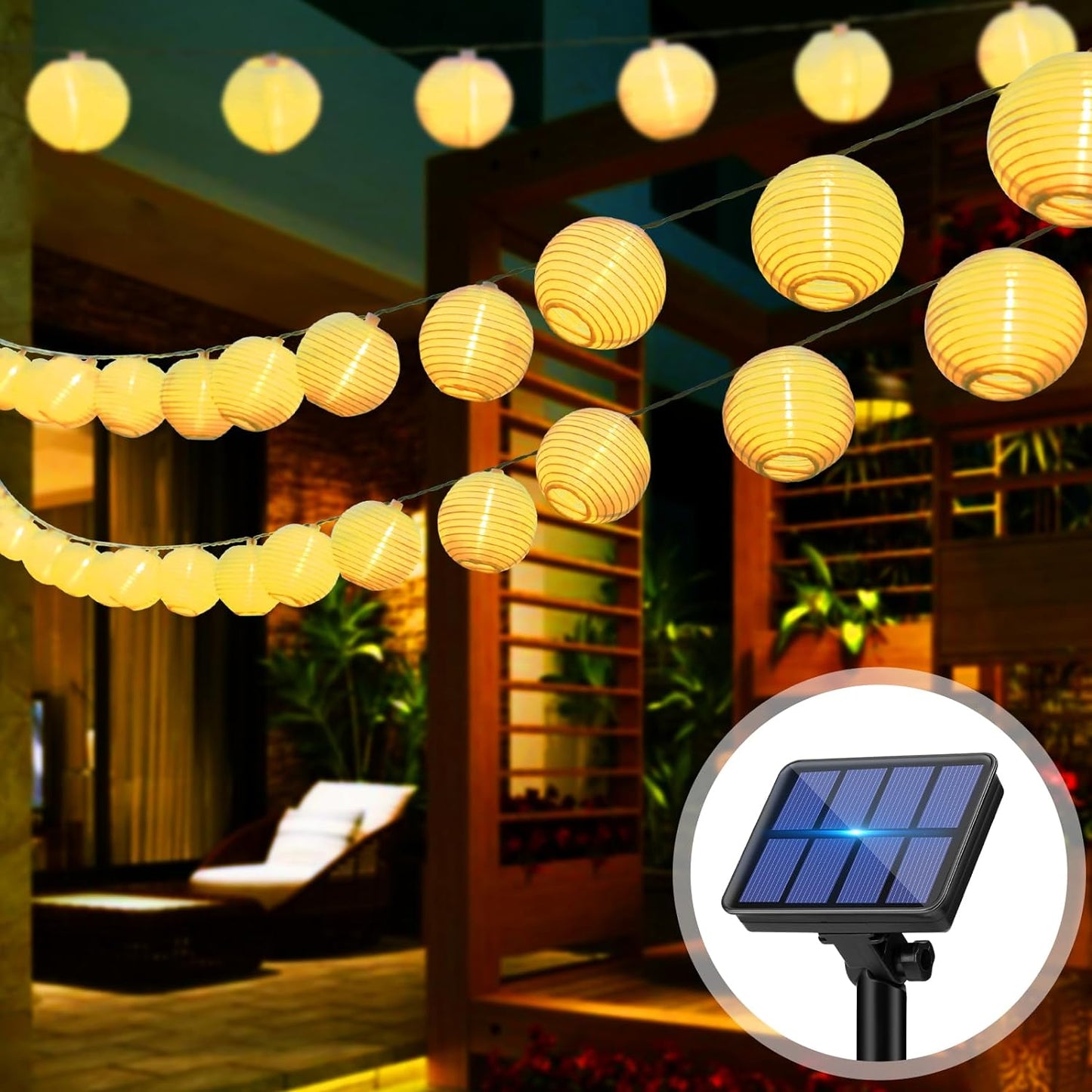 Btfarm Fata luminosa solare Lanterne da esterno, 8M Lanterna da esterno Resistente alle intemperie IP65 Fata luminosa da esterno 8 modalità Fata luminosa solare Decorazione per giardino, balcone, terrazza, cortile (Bianco caldo)