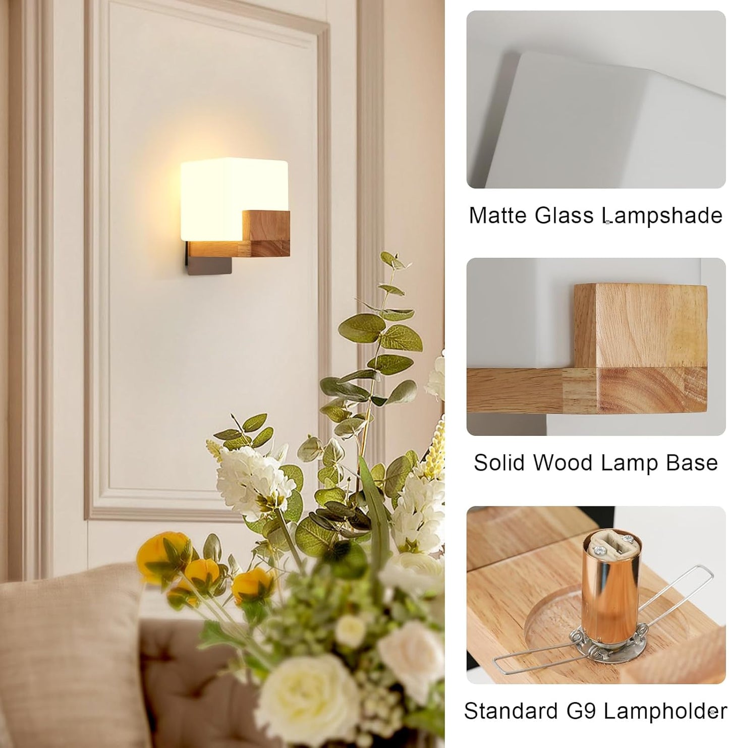 Applique Led Da Parete Interno 3000K-6500K Applique Da Parete Dimmerabile a Tre Colori Lampada Da Parete Creativa in Legno Adatto per Camere Da Letto, Corridoi, Scale