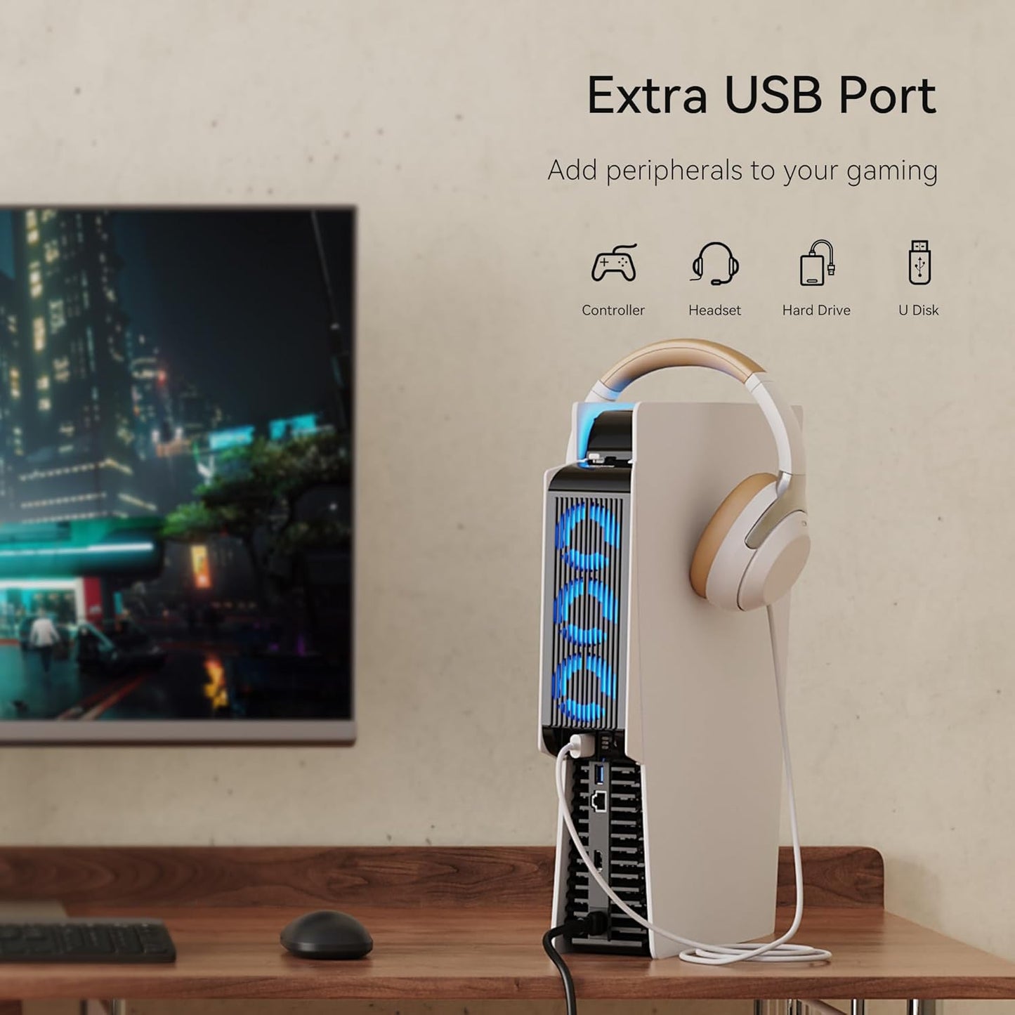 Accessori Di Raffreddamento per PS5, Ventola Di Raffreddamento  PS5 Con LED, Controllo Automatico Della Velocità E Hub USB 3.0 per Dischi PS5 Ed Edizione Digitale, Non per PS5 Slim (Bianco)