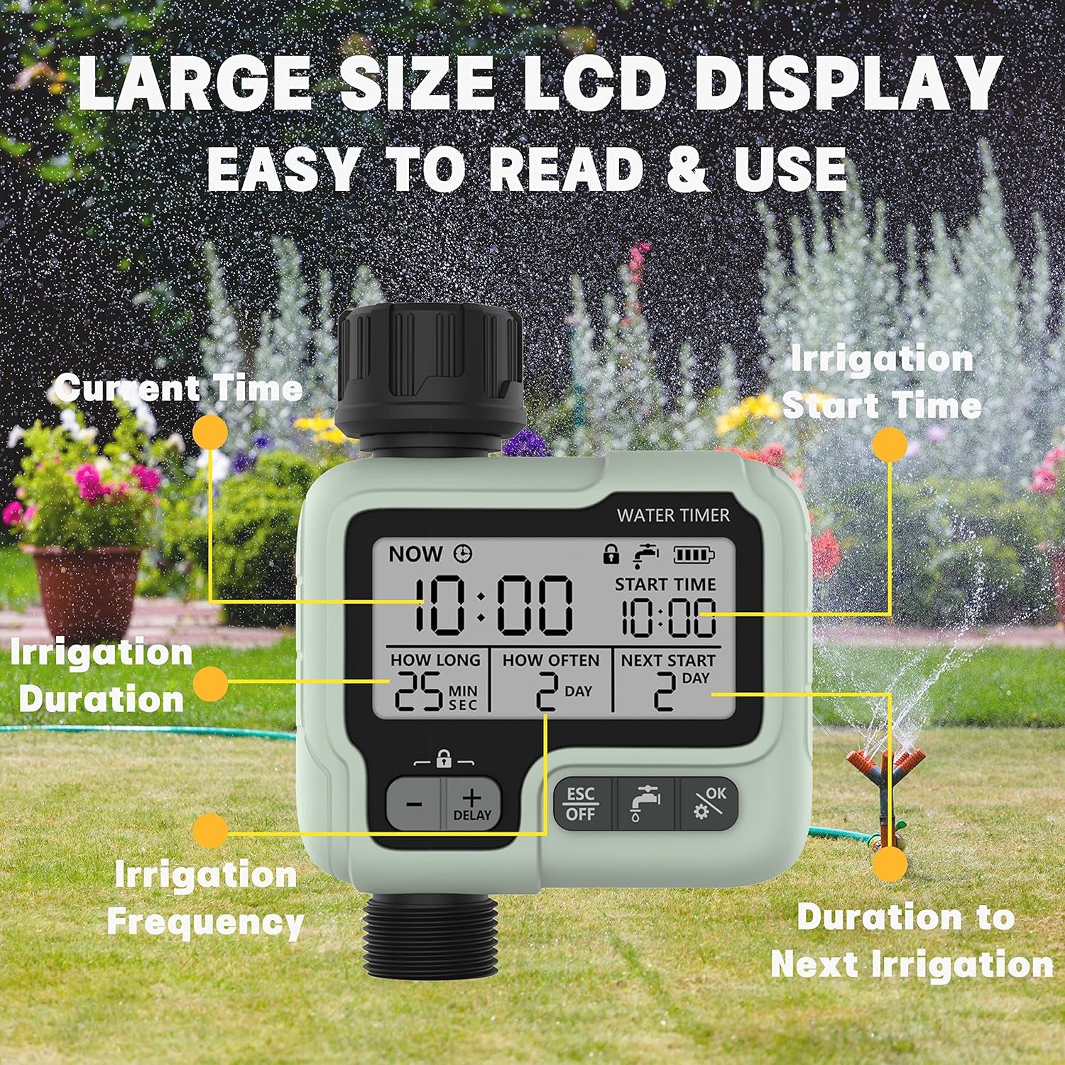 Timer Digitale per Irrigazione, Timer Acqua Giardino Programmabile Con Ritardo Pioggia, Modalità Di Irrigazione Automatica E Manuale, per Giardino, Prato, Patio, Fattoria