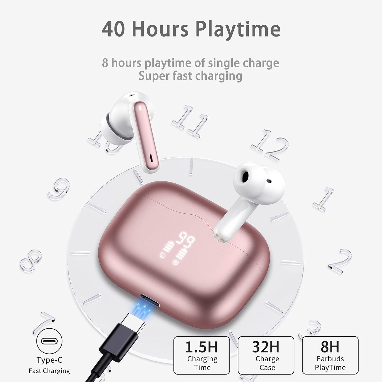 Cuffie Bluetooth, Auricolari Bluetooth 5.3 Stereo Hifi Con 4 HD Mics, Mini Cuffie Wireless Cancellazione Rumorecon, Cuffiette Bluetooth per Androide/Ios, USB-C, 40H Earbuds IP7 Impermeabili, Oro Rosa