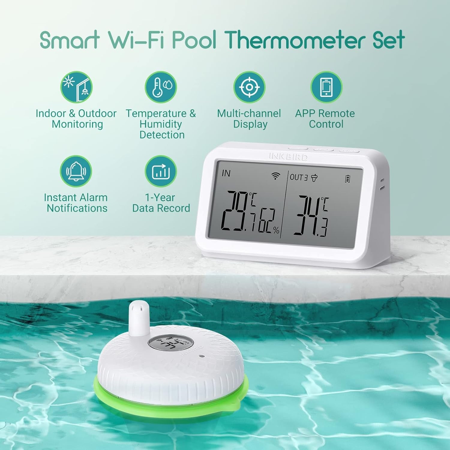 Termometro Piscina Wifi E IBS-M2 Gateway Combinazione,App Controllo,Temperatura Monitor Di Piscina Supporto 9 Canalis,Schermo Grande,Termometro Galleggiante per Piscina,Bagno,Acquario, Spa