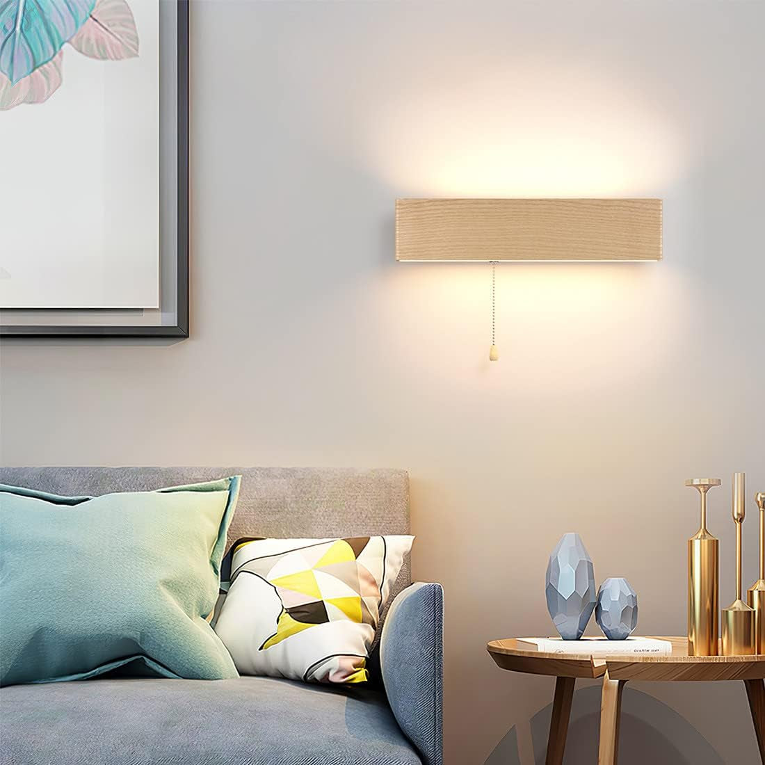Applique Da Parete LED, Lampada Da Parete Interno Con Interruttore in Legno 360° Girevole LED Applique per Soggiorno Camera Da Letto Corridoio Bianca Calda Lampada a Muro (32Cm)
