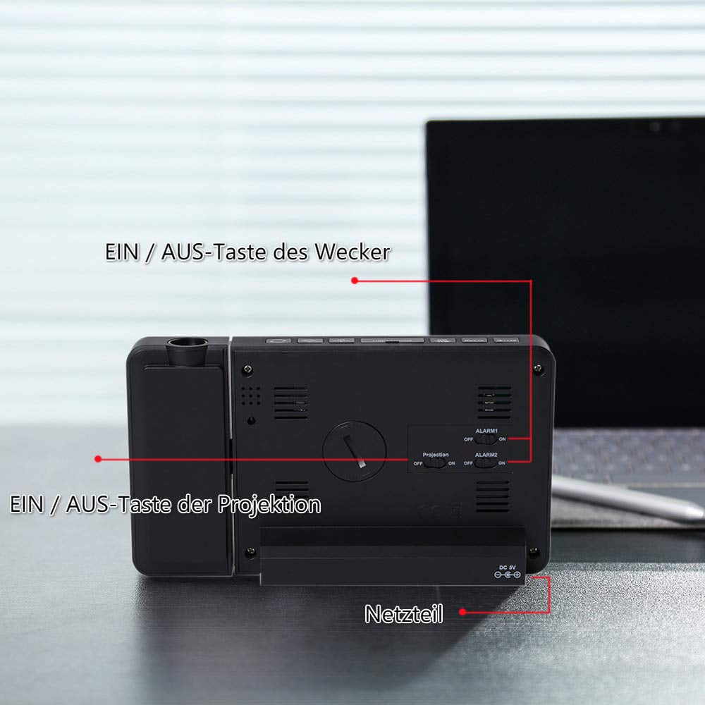 FJ3391 Stazione Meteorologica Wireless Con Sensore Esterno Sveglia Con Proiezione Temperatura Interna Ed Esterna E Umidità Fase Lunare Radiosveglia (Versione in Lingua Italiana Non Garantita)