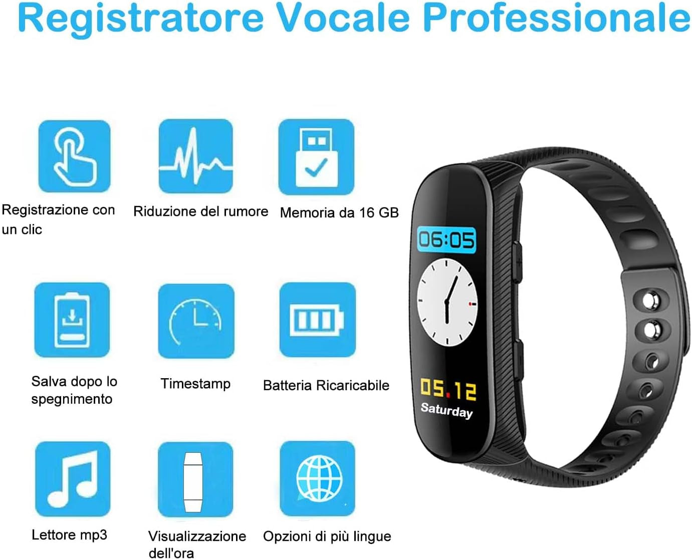 Registratore Vocale, 16GB Registratore Vocale Bracciale Professionale Con Attivazione Vocale E Lettore MP3, Orologio Con Registratore Vocale Ricaricabile USB per Riunioni Interviste Lezioni