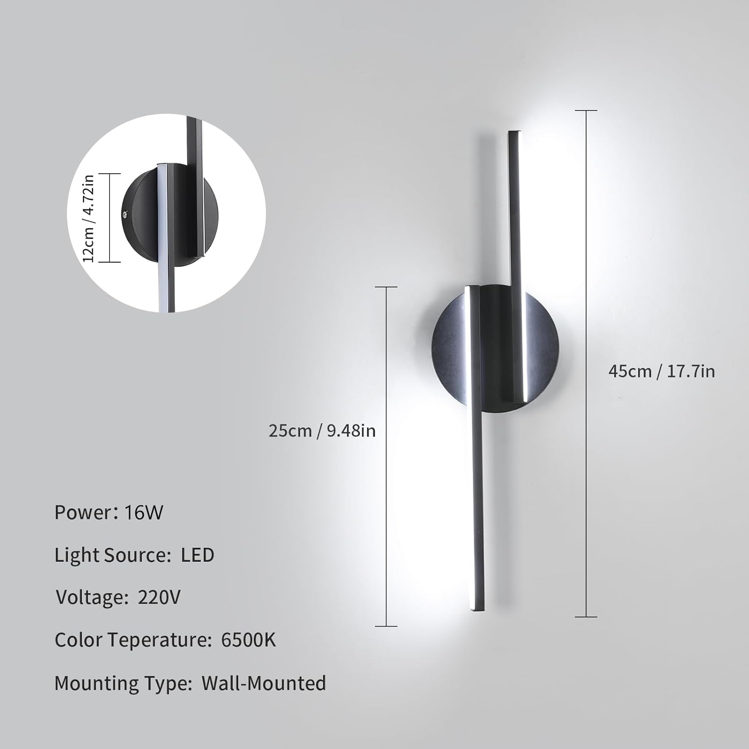 Applique Da Parete Interno, 16W Lampada Da Parete Moderno, Luce Fredda 6500K 1800LM Lampada a Muro per Camera Da Letto, Soggiorno, Corridoio, Scale, 45CM