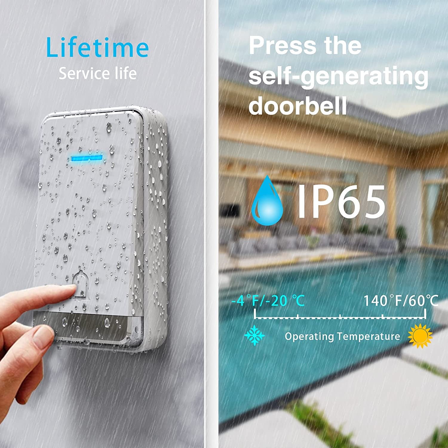 Campanello Senza Fili, Campanello Wireless Impermeabile Con Senza Batteria, Utilizzare Nella Presa EU, Display a LED, 5 Livelli Di Volume, 60 Suonerie, 400 M