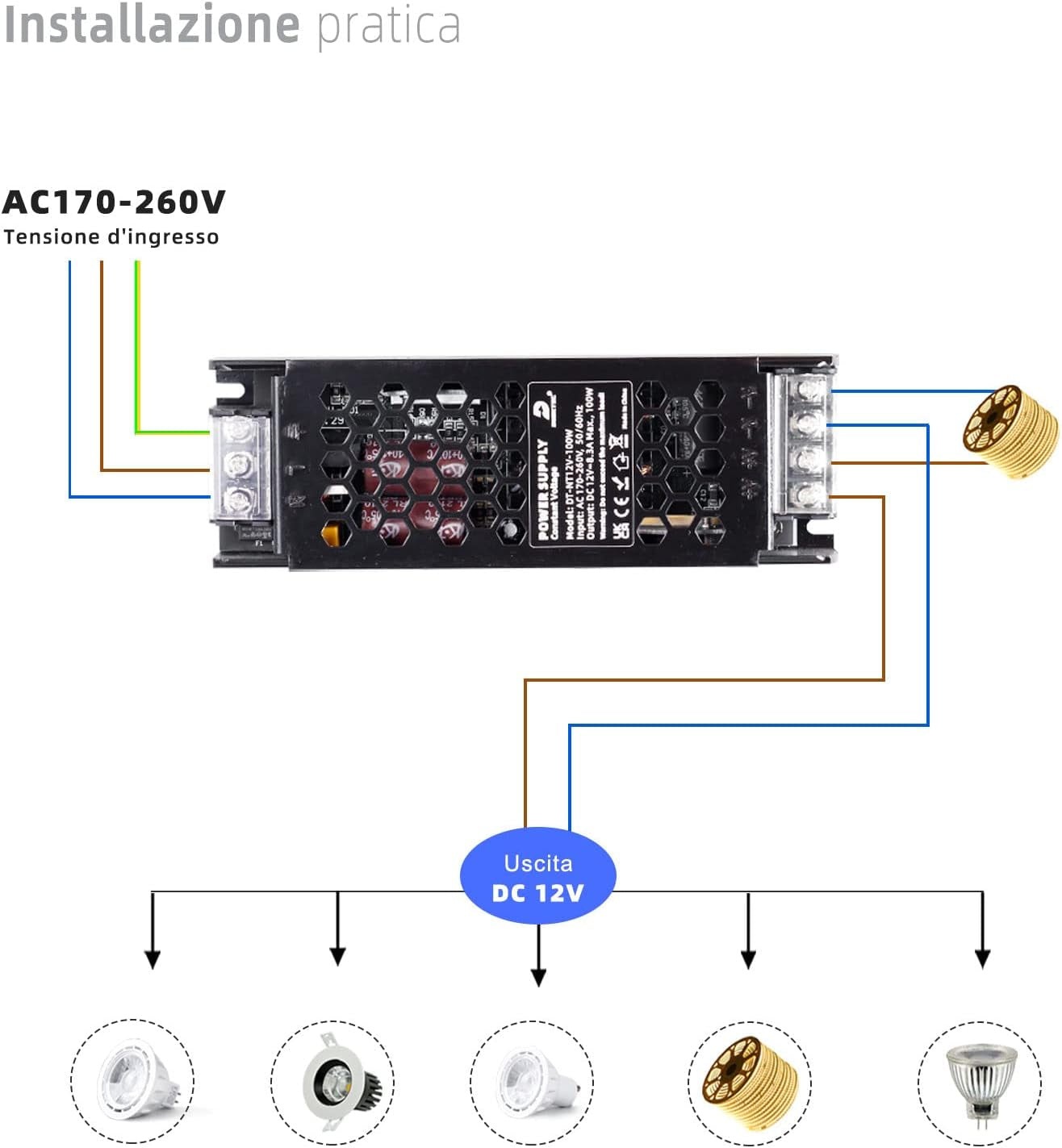 Trasformatore LED 12V 100W, Alimentatore 220 12V LED, DC 8.33A LED Driver, IP20 Adattatore LED a Tensione Costante per Striscia LED MR16 G4 Lampadina,