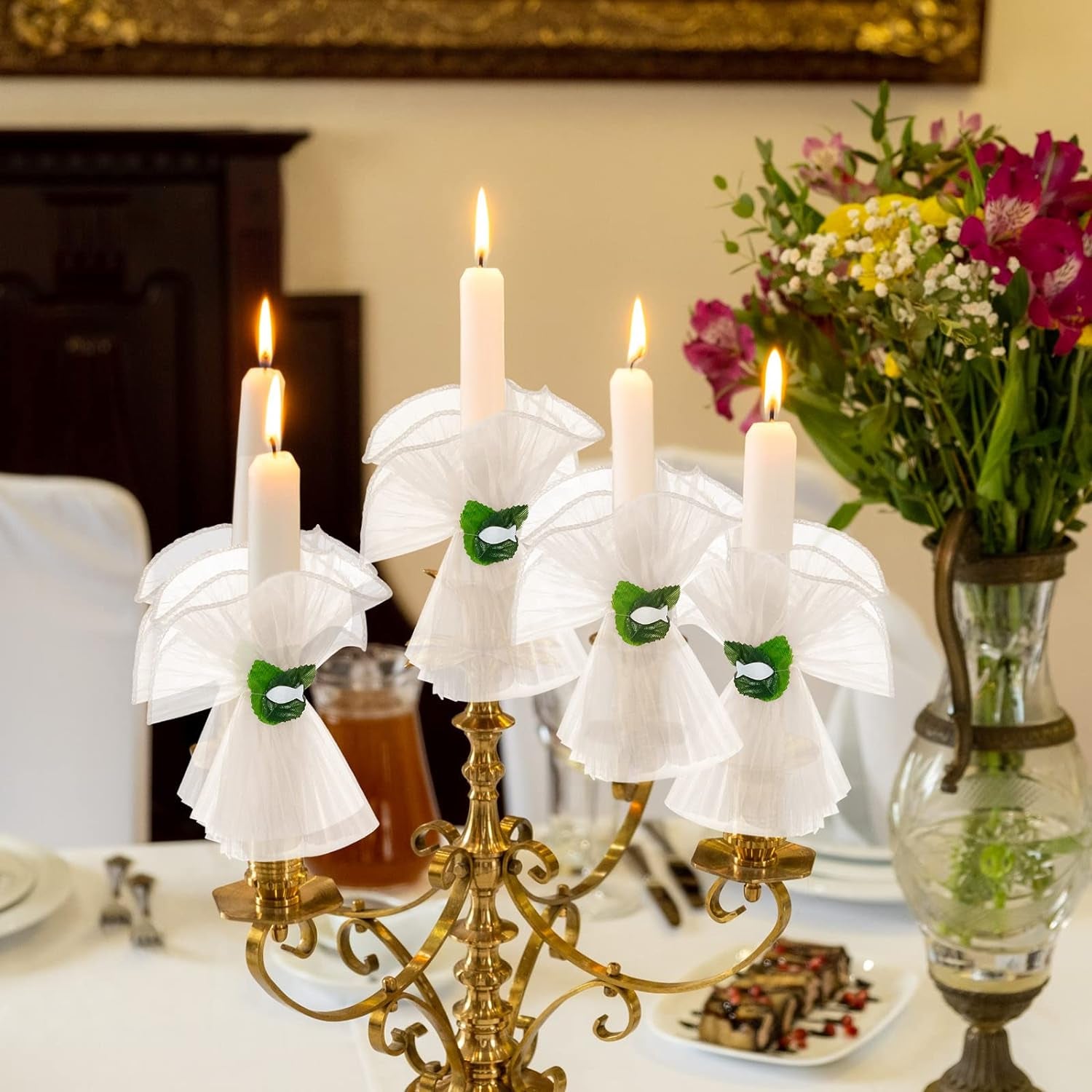 Set Di Gonne Di Candele per Comunione DIY per Fare 5-8 Tulle per Candele Con Foglie Di Eucalipto Pesce Protezione Antigoccia per Candela per Comunione Battesimo, Bianco