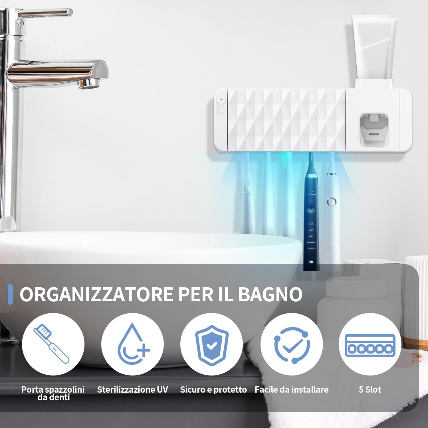 Porta Spazzolino Elettrico -  Sterilizzatore Spazzolini Da Denti Con 5 Fessure per Spazzolino, Dispenser Dentifricio Porta Spazzolini per Bagno Domestico (Bianco)