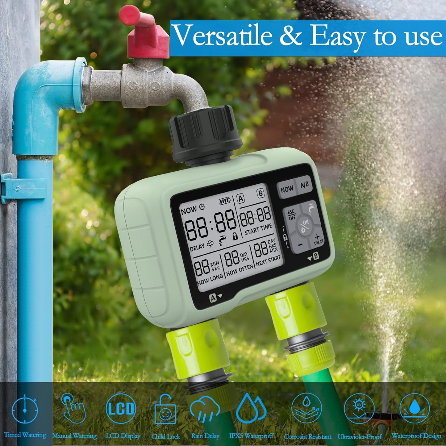 2 Uscite Centralina Irrigazione Giardino Timer Irrigazione Automatico Programmatore Irrigazione /IP5X Impermeabile/Ritardo Pioggia/Modalità Di Irrigazione Manuale/Funzione Di Blocco Bambini