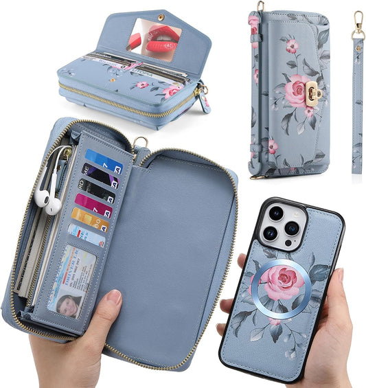 Custodia a Portafoglio per Iphone 14 Pro Max Cover Cellulare [Pelle PU Premium] [Slot per Scheda] [Chiusura Magnetica] Custodia Protettiva RFID Borsa a Tracolla Cover Cellulare - Blu