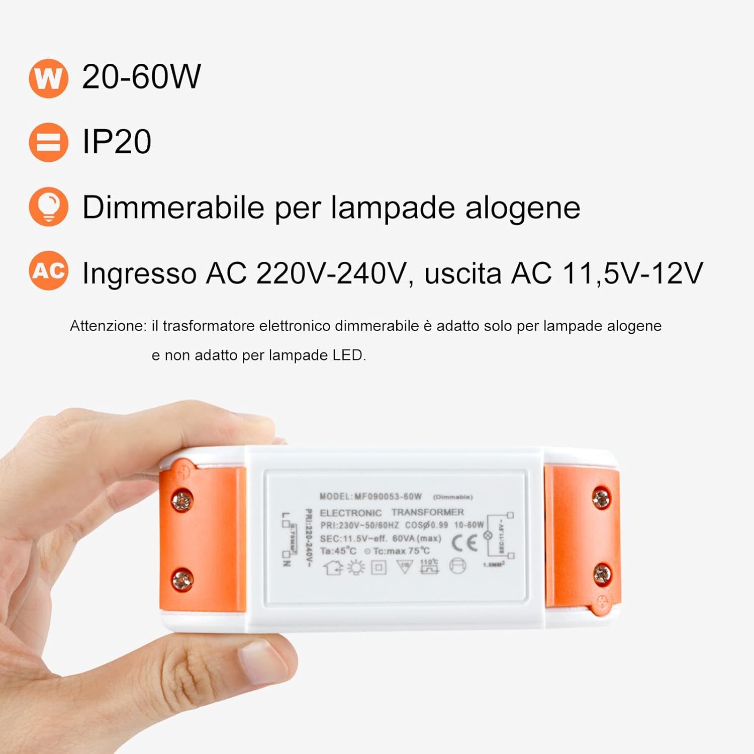 Trasformatore Elettronico Da 230V (AC) a 12V (AC) 20-60W,Protezione Da Sovraccarico per Trasformatori Alogeni,Dimmerabile per Lampade Alogene