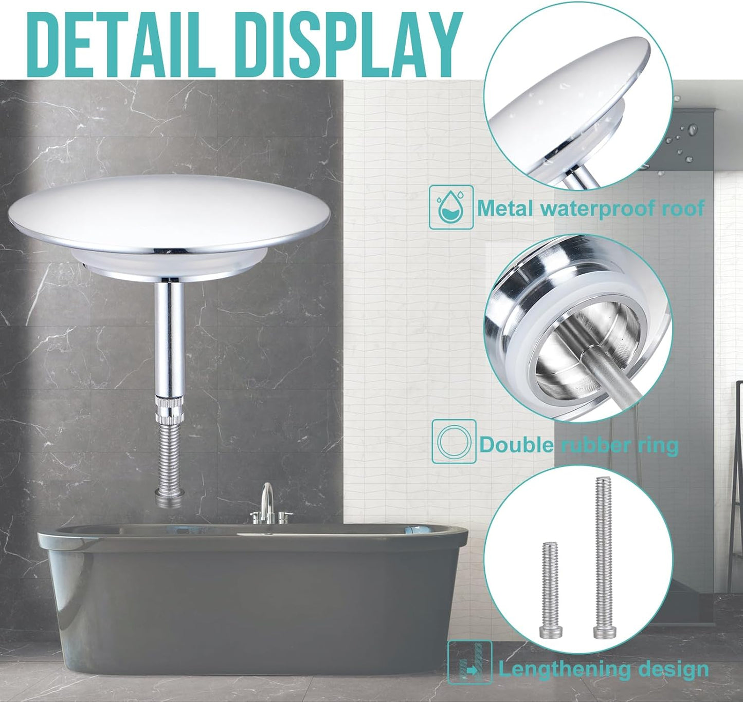 Tappo Universale per Vasca Da Bagno, Diametro 72 Mm, Tappo Di Scarico Cromato Con Innovativa Doppia Guarnizione, Scarico per Ogni Vasca Standard, Regolabile in Altezza