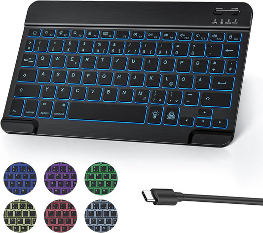 Tastiera Wireless per Ipad, Tastiera Bluetooth Ricaricabile Con Ipad Air/Ipad Pro/Mini/Ipad 10.9/Iphone, Ultra Sottile, [7 Colori Illuminati], Layout QWERTZ, Tastiera Ipad