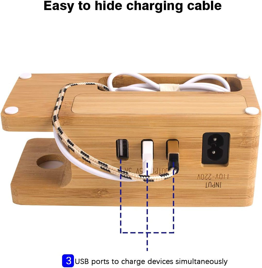 3 Porte Bambù Stazione Di Ricarica USB Multipla,Multi Charger,Docking Station per Iphone 14 Pro Max/13 Pro Max/12 Pro Max/11/Xr/X/8/7, Apple Watch 38Mm//40Mm/42Mm/44Mm/45Mm,Samsung E Telefoni