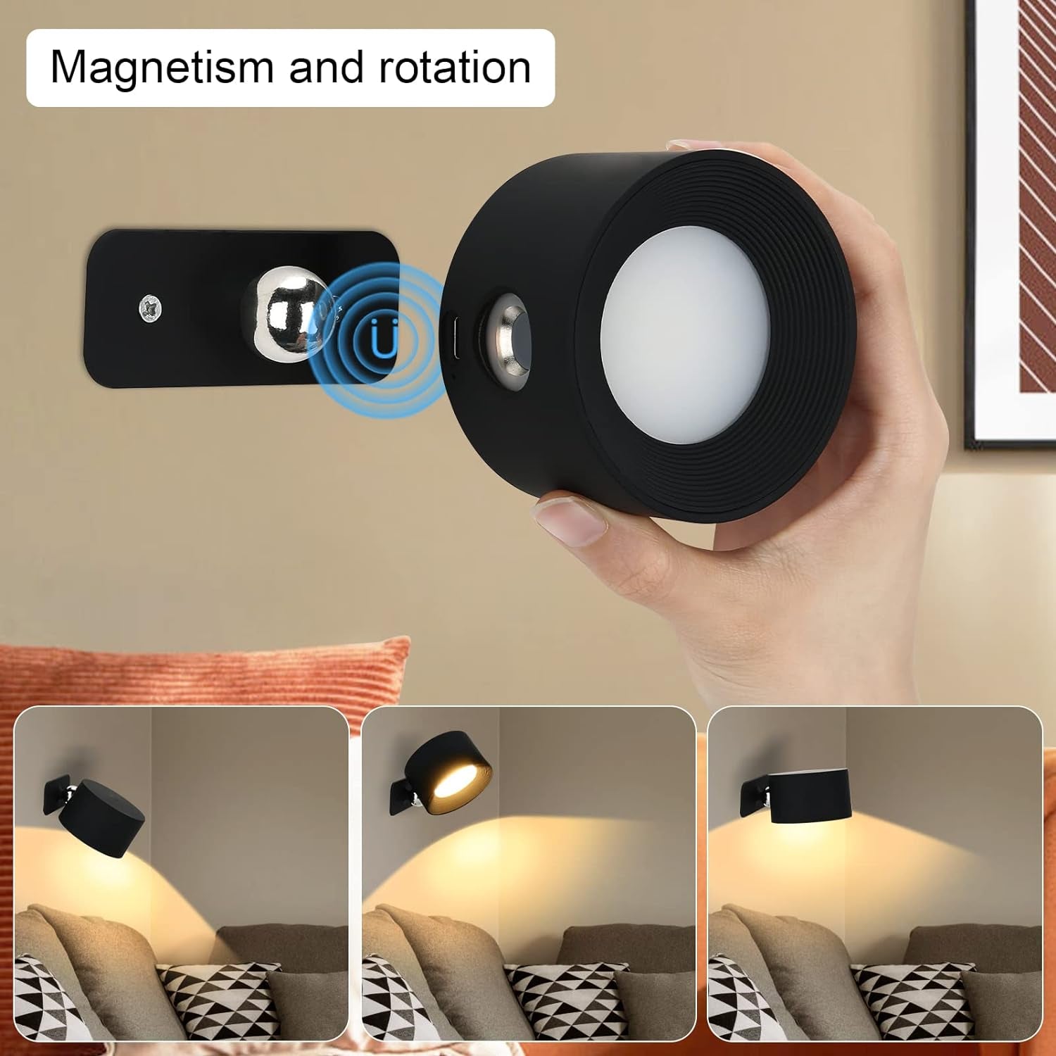 RGB Dimmerabile Lampada a Parete Con Batterie Wireless LED Applique Da Parete Interno Controllo Remoto Luce Da Parete 360 ° Rotante per Soggiorno, Camera Da Letto, Studio (Nero 1PC)