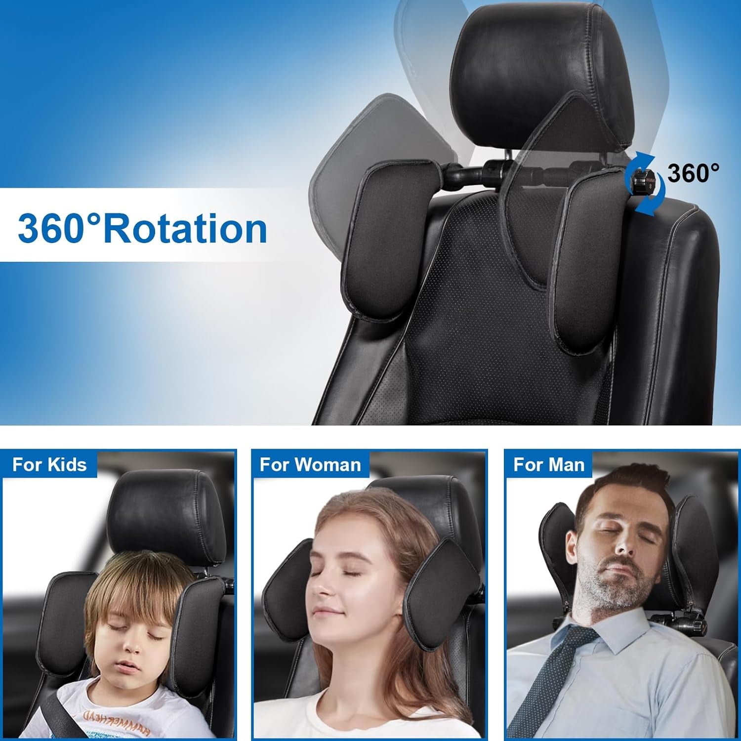 Poggiatesta Auto Bambini, 180° Regolabile Poggiatesta Auto, Cuscino Da Viaggio Bambini, Supporto Testa Seggiolino Auto, Poggiatesta Ergonomico per Auto, Reggitesta Bambini Auto (Nero)