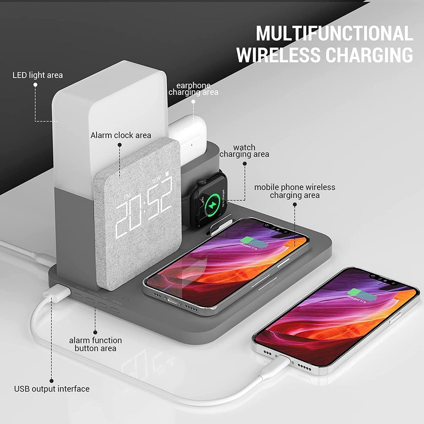 Caricabatterie Wireless,  Stazione Di Ricarica Wireless 3 in 1 Con Adattatore QC3.0 per Iwatch Series SE 6 5 4 3 2, Airpods Pro 2, Supporto Di Ricarica a Digiuno Da 15W per Lphone 14, 13 Pro Max