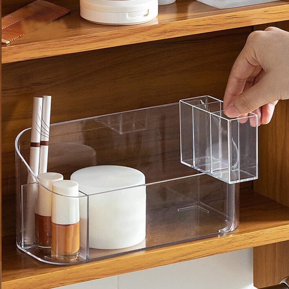 LINFIDITE Organizer per Cosmetici Organizer per Cosmetici con 9 Scomparti e 2 Divisori Rimovibili, Armadietto da Bagno Porta Cosmetici, Scatola per Cosmetici Essenziali di Bellezza Trasparente